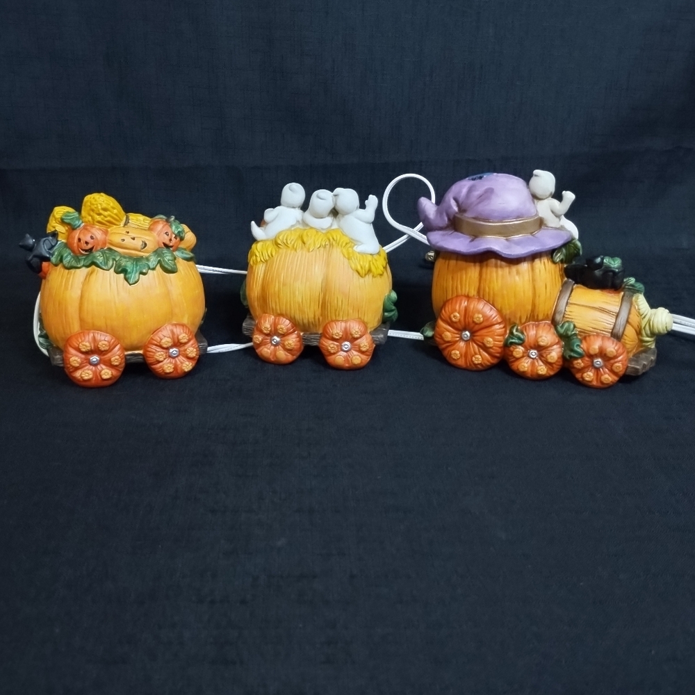 Vintage Ceramic Spooky Halloween Pumpkin Jack O Lantern Train String Lights - Picture 9 of 12